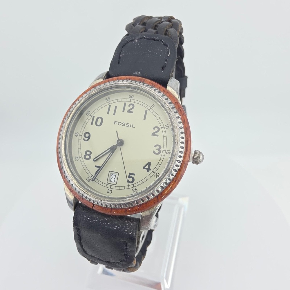 Vintage 1990s FOSSIL Mens Watch Woodgrain Bezel Black Woven Leather Band 8.5"